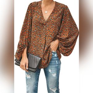 Printed V Neck Lantern Sleeve Blouse Button Down